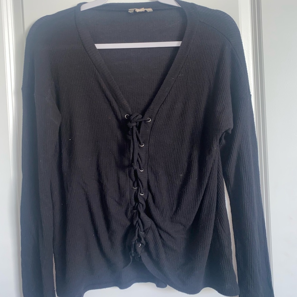 Aeropostale black tie up front sweater; small